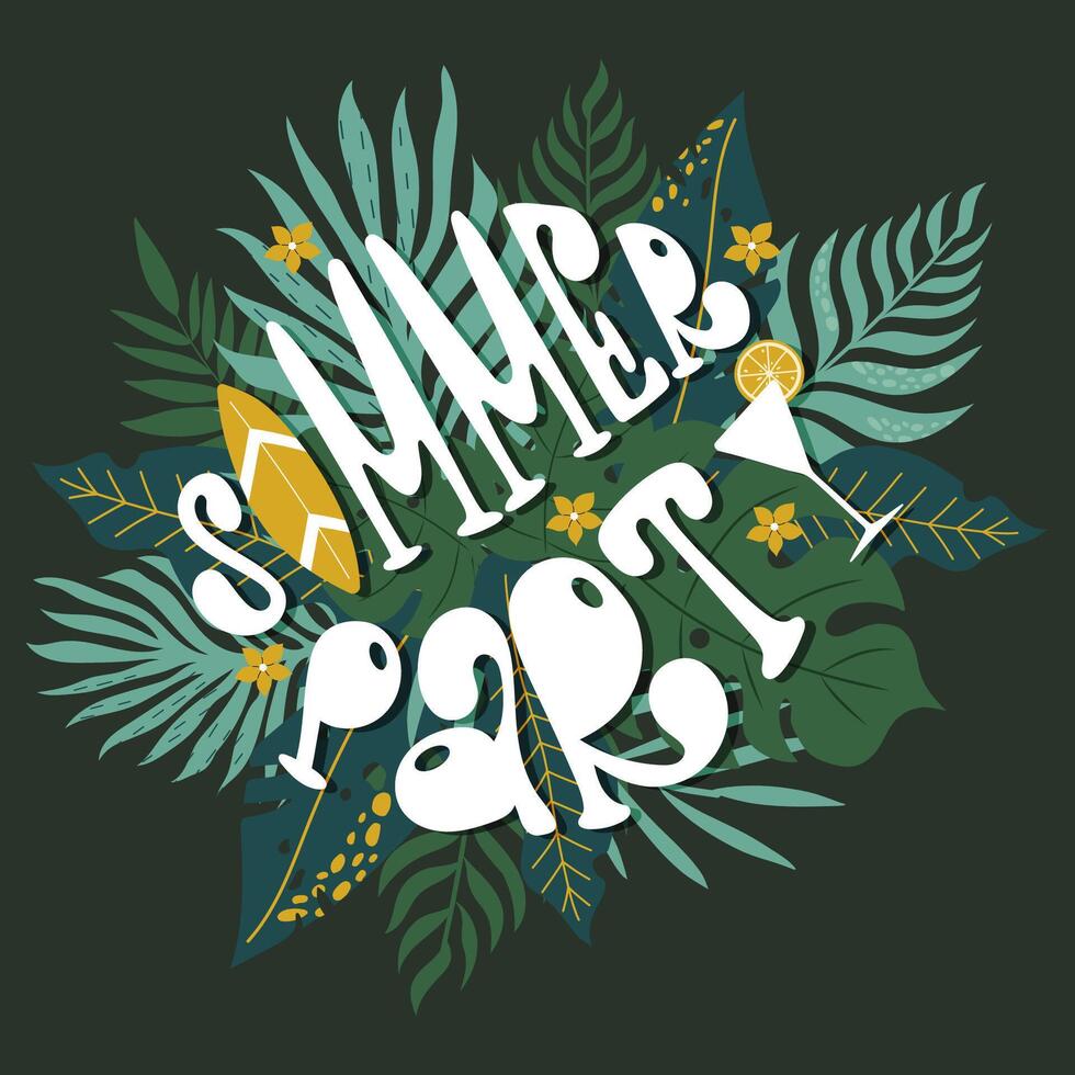 Summer party poster with palm leaves and surfboard. Vector design on dark green background.