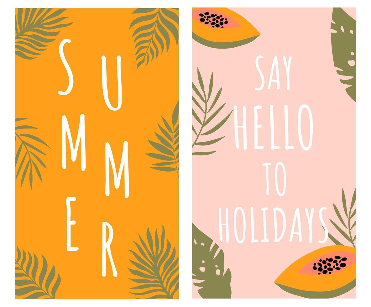 Colourful summer templates. Handdrawn vertical banners with palm leaves and papaya. vector