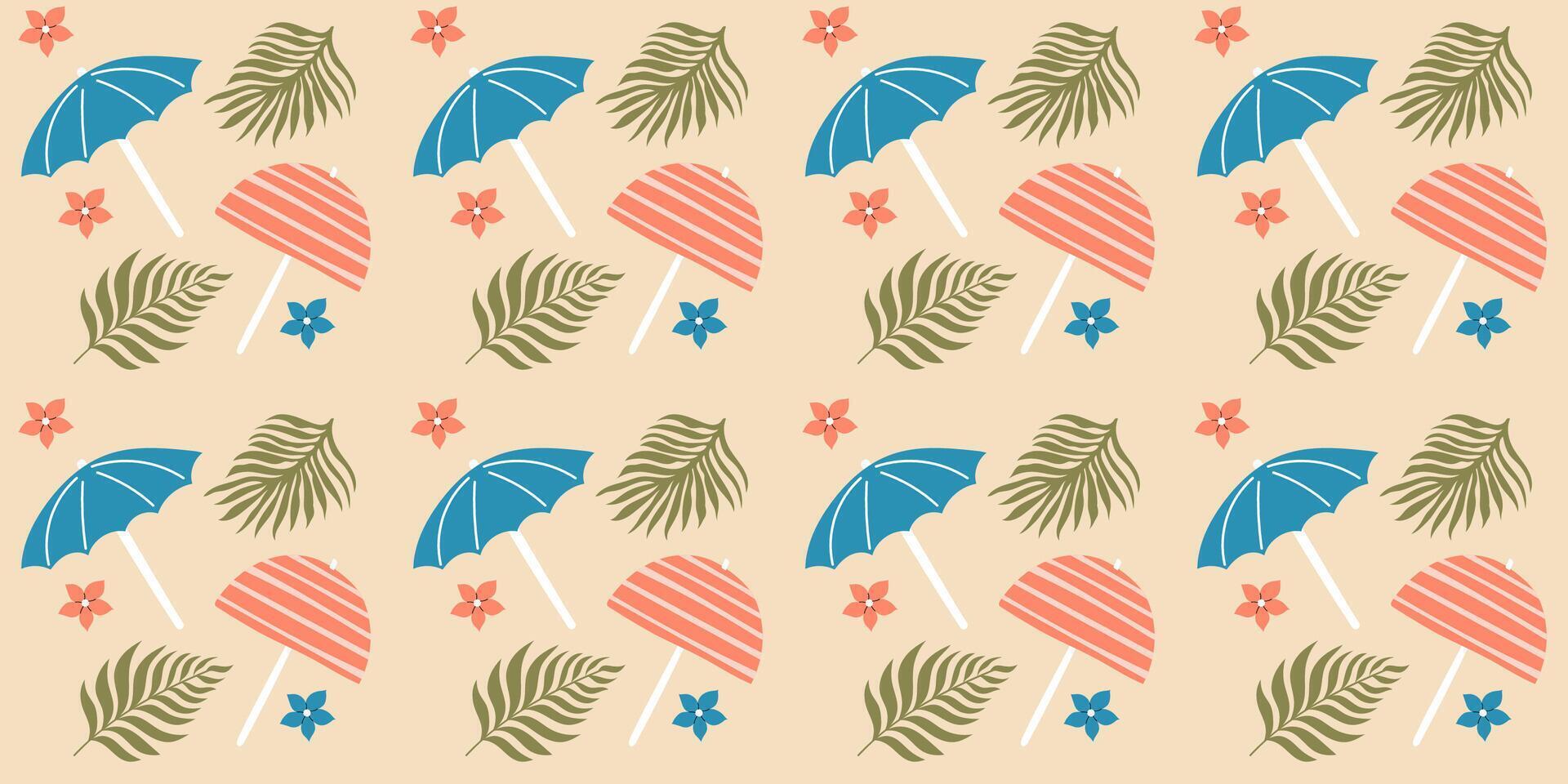 Handdrawn seamless pattern with beach umbrella and palm leaves. Vector design on beige background.