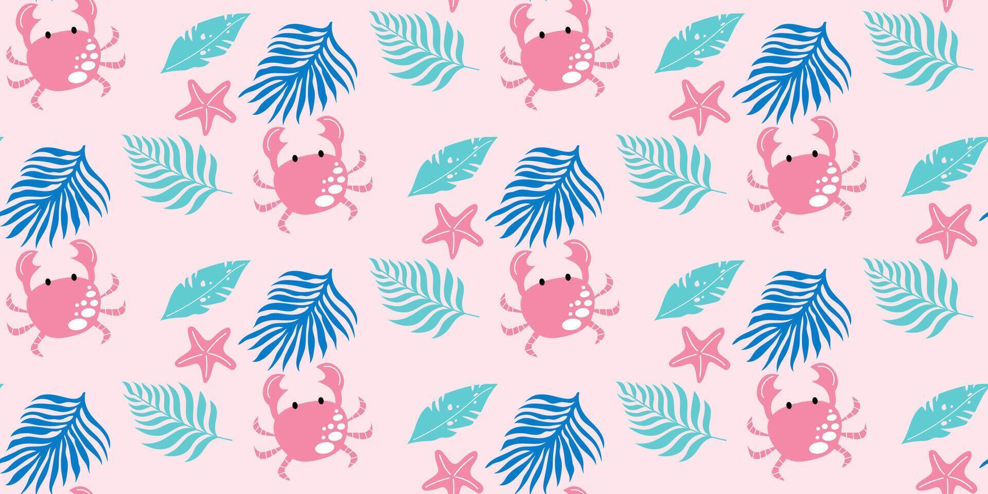 Tropical pattern with crab, palm leaves and starfish on pink background. Vector seamless design.