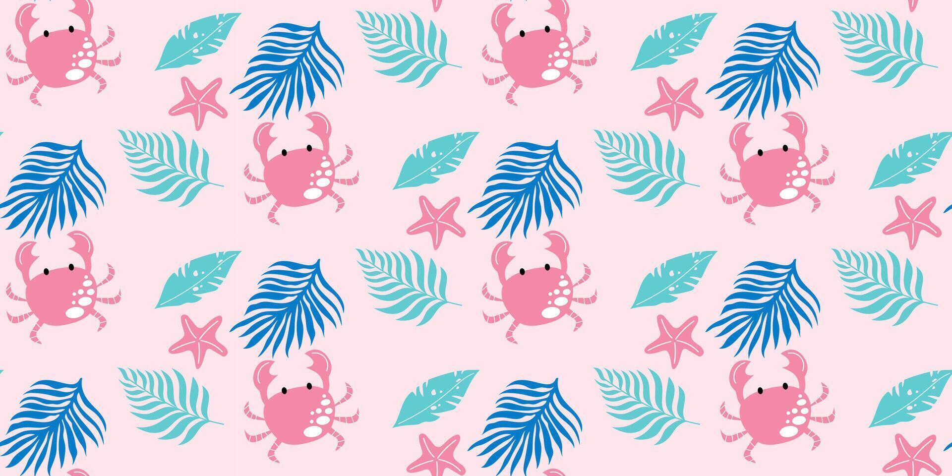 Tropical pattern with crab, palm leaves and starfish on pink background. Vector seamless design.