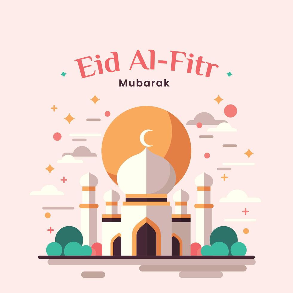 Flat Illustration of Islamic Mosque Eid Celebration with Moon Ornament vector