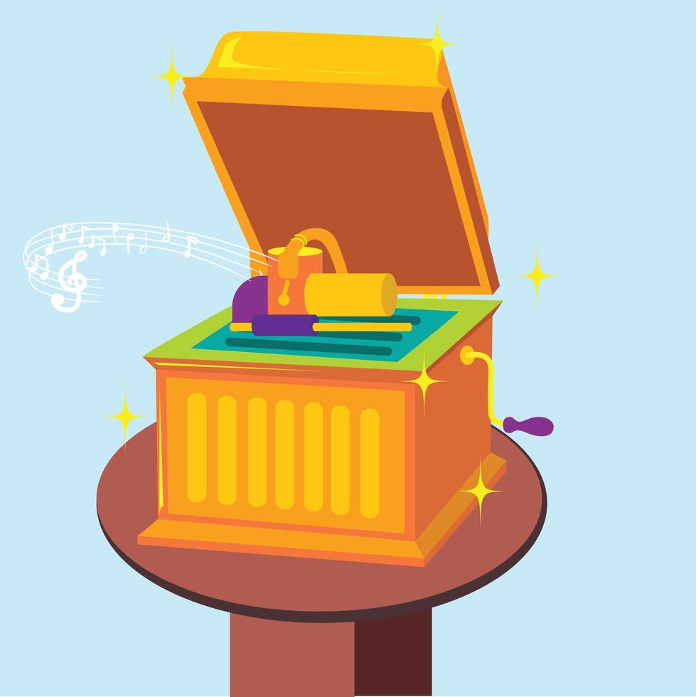 Classical music box singing music on a wooden table, vector illustration