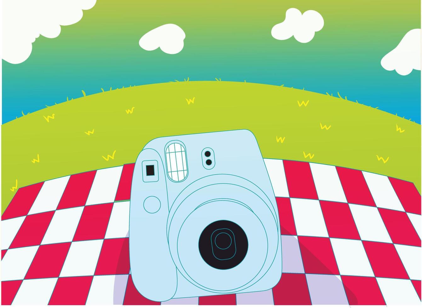 illustration of a polaroid camera placed on a picnic blanket vector