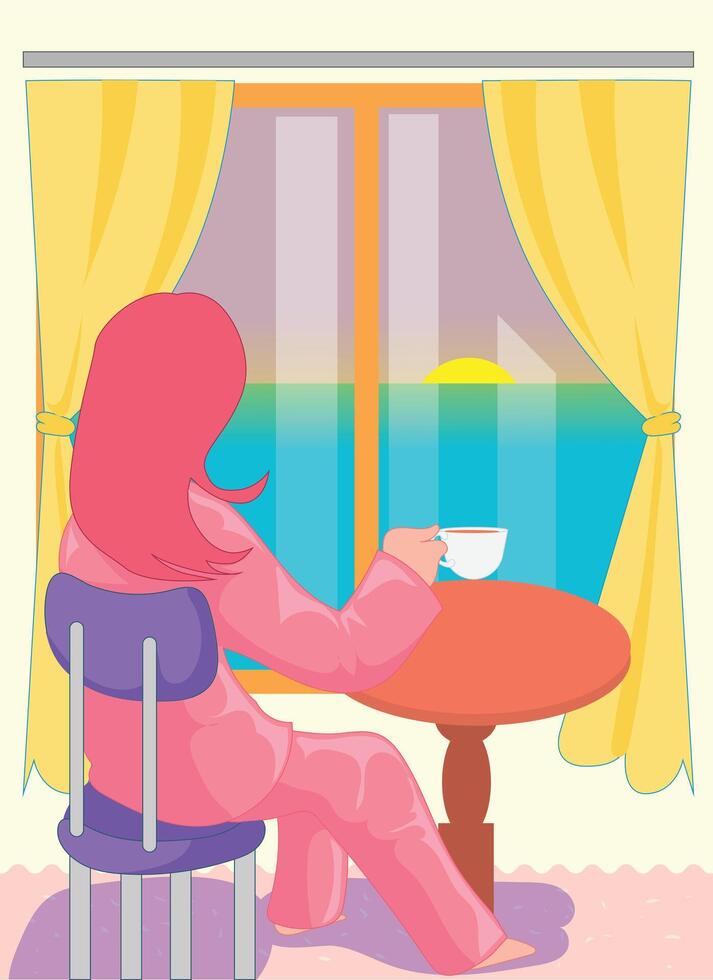 niña sentado en un banco con un taza de café en su mano, mirando fuera el ventana disfrutando el amanecer, vector ilustración