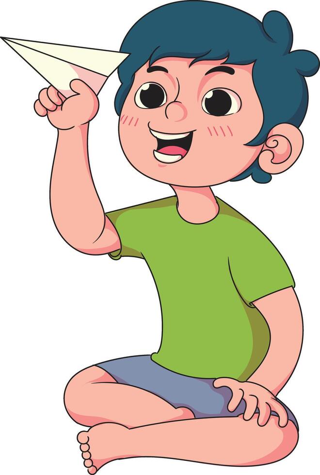 a cartoon drawing of a boy holding a paper airplane. vector