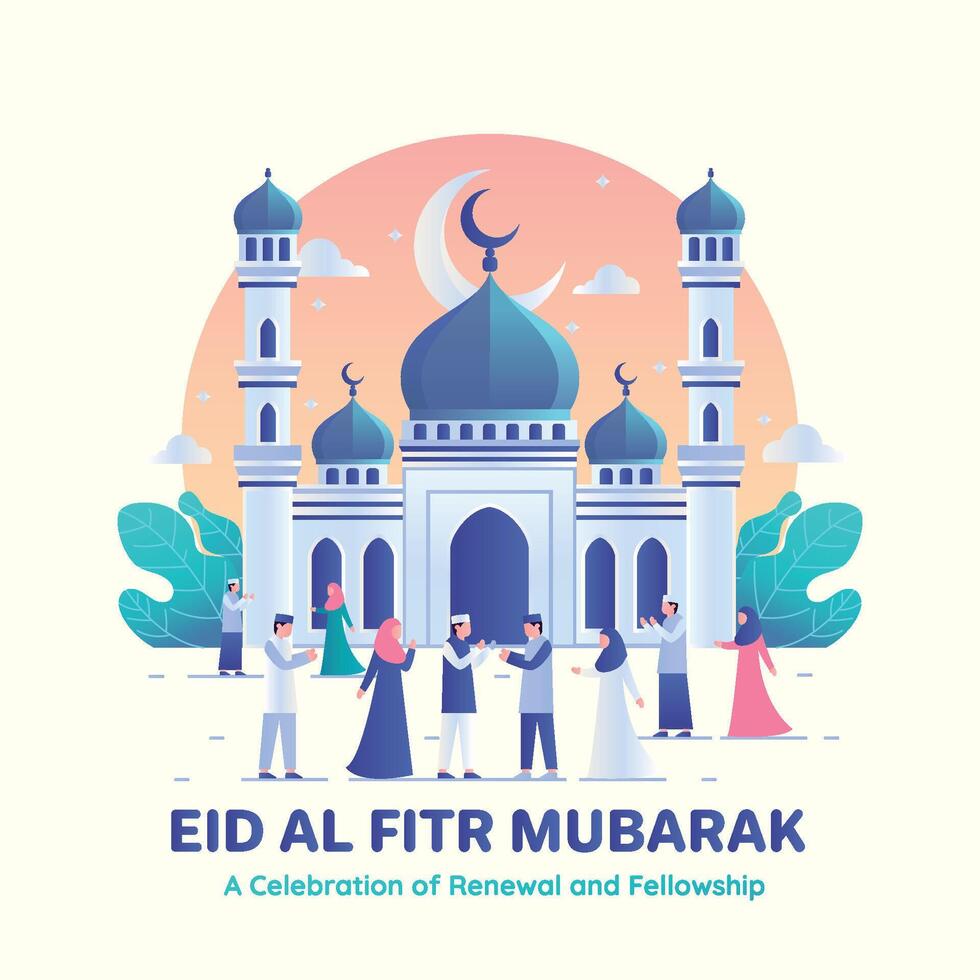 plano ilustración de islámico personas celebrando eid en frente de mezquita vector