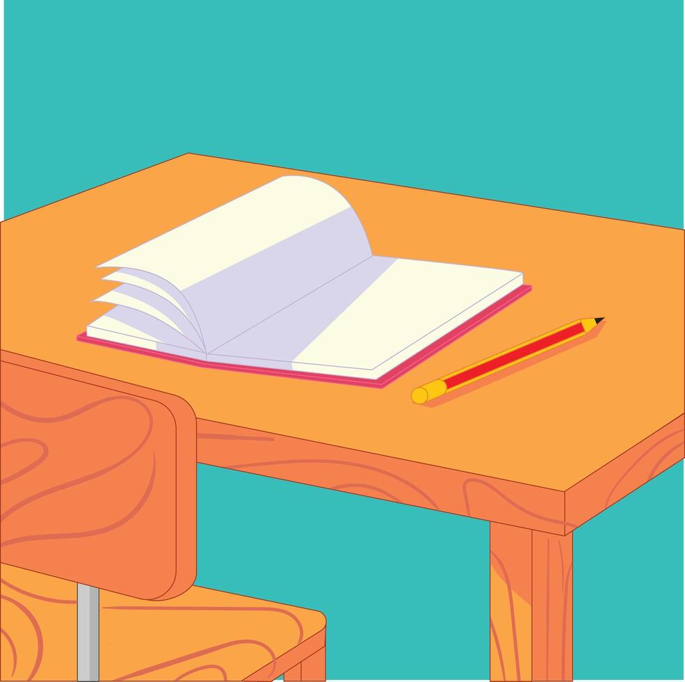 The book is open and blowing in the wind, next to it there is a pencil on a wooden table vector illustration