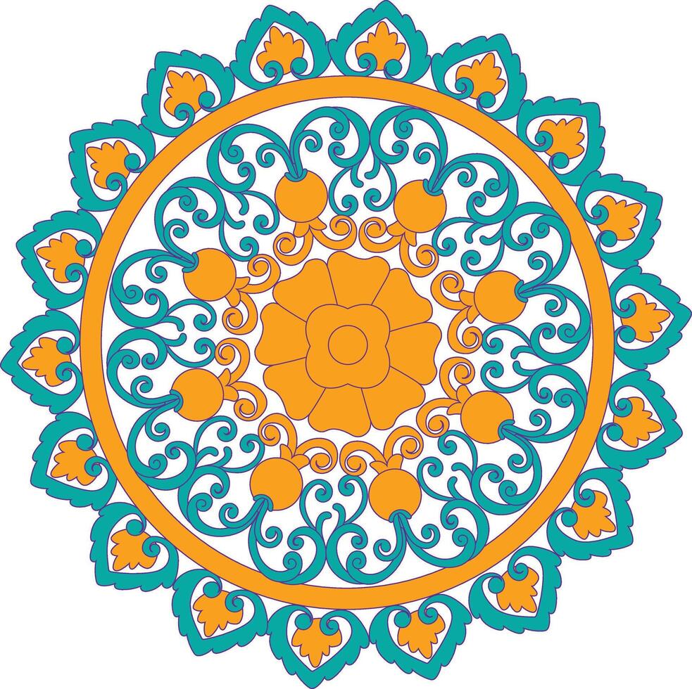 a design mandala in yellow and blue with orange and green colors. vector