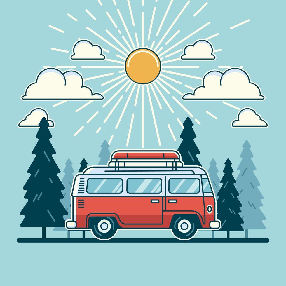 Flat illustration caravan van traveling with pine trees background vector