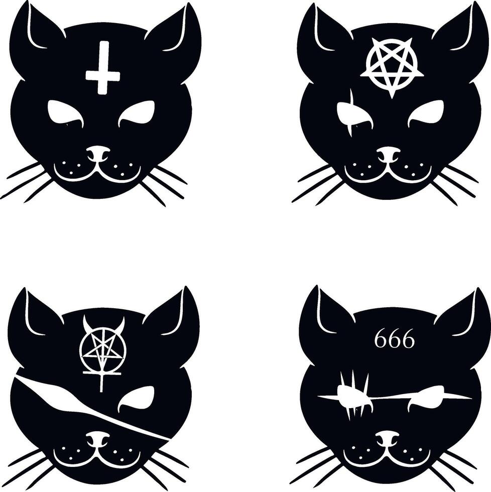 set of drawings of black cats faces vector