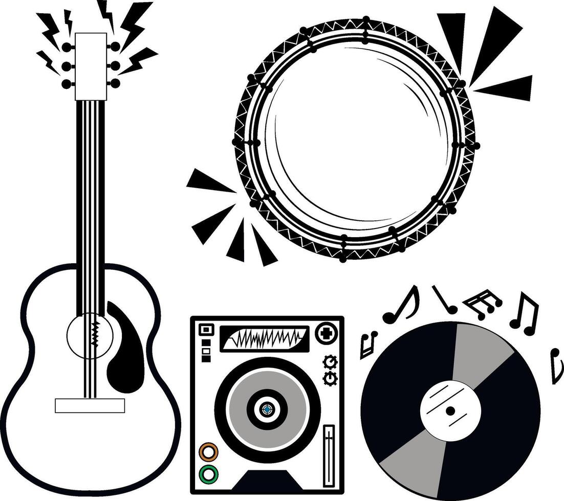 Musical instruments. guitar, drums, vinyl vector