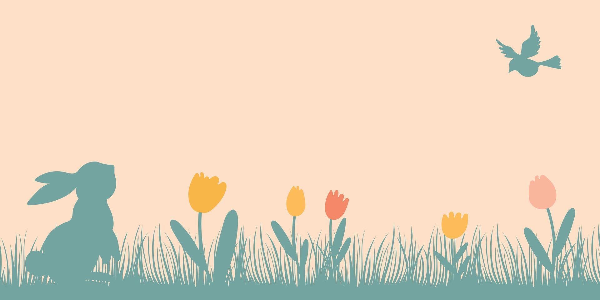 Easter background with bunny and bird. Green spring background with place for text. Vector illustration with grass.