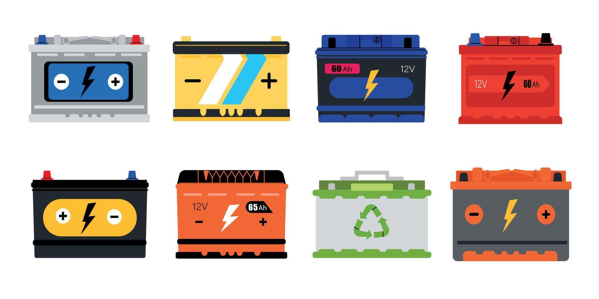 Vector illustrations of different car batteries. Set of colored car batteries isolated on white background. Electric cars. Car spare parts icons.