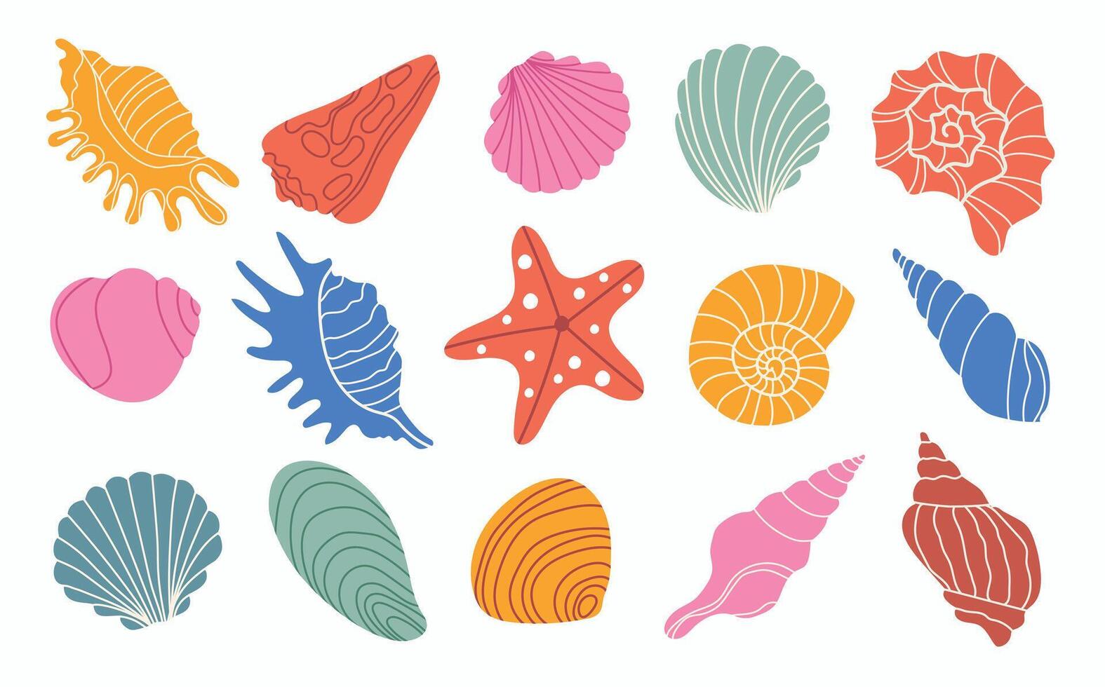 Set of various sea shells and starfish silhouettes. Vector illustration.