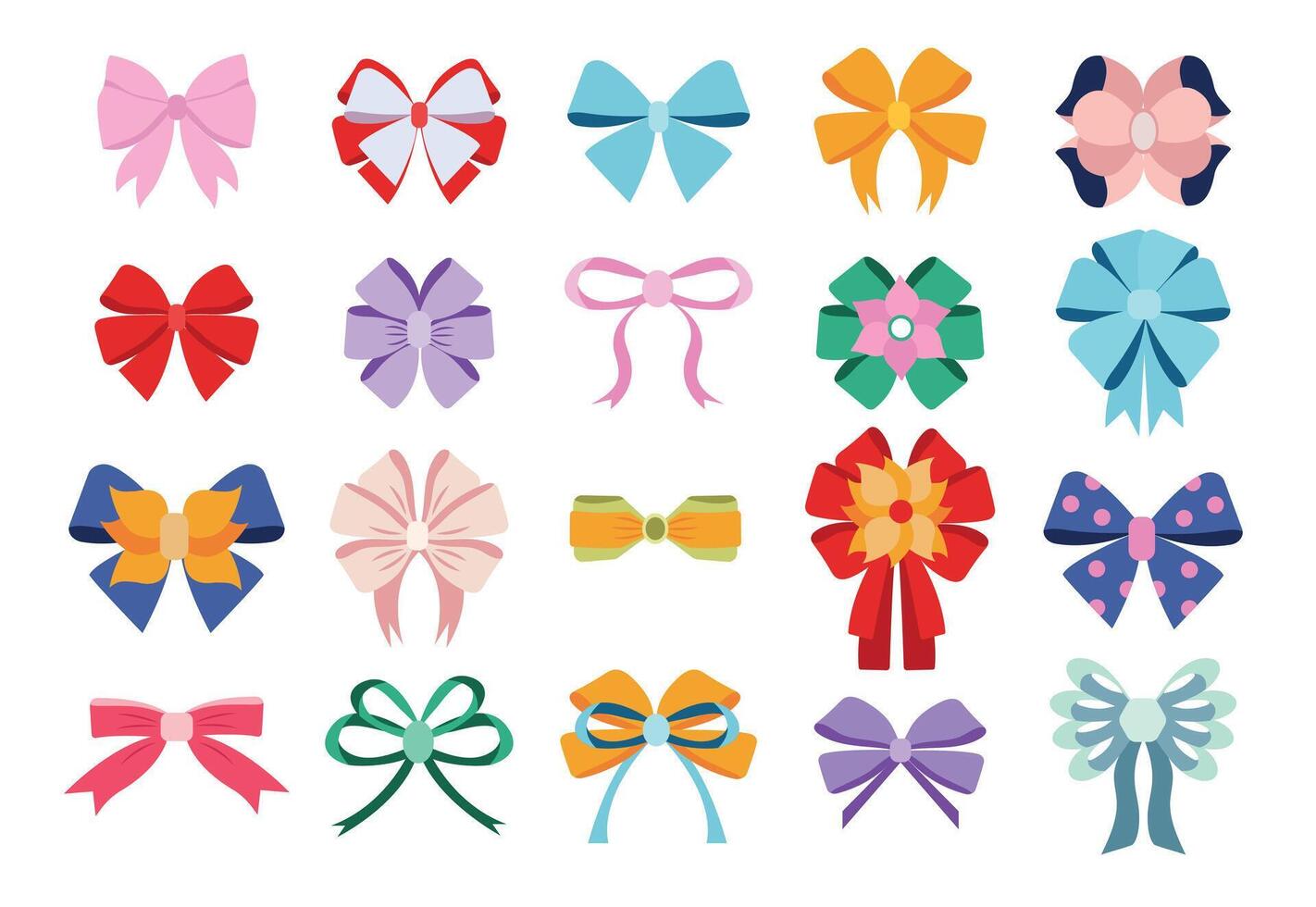 Colorful bows, gift bows. Simple hand drawn ribbon bow collection. Bowknot for decoration, big set. vector