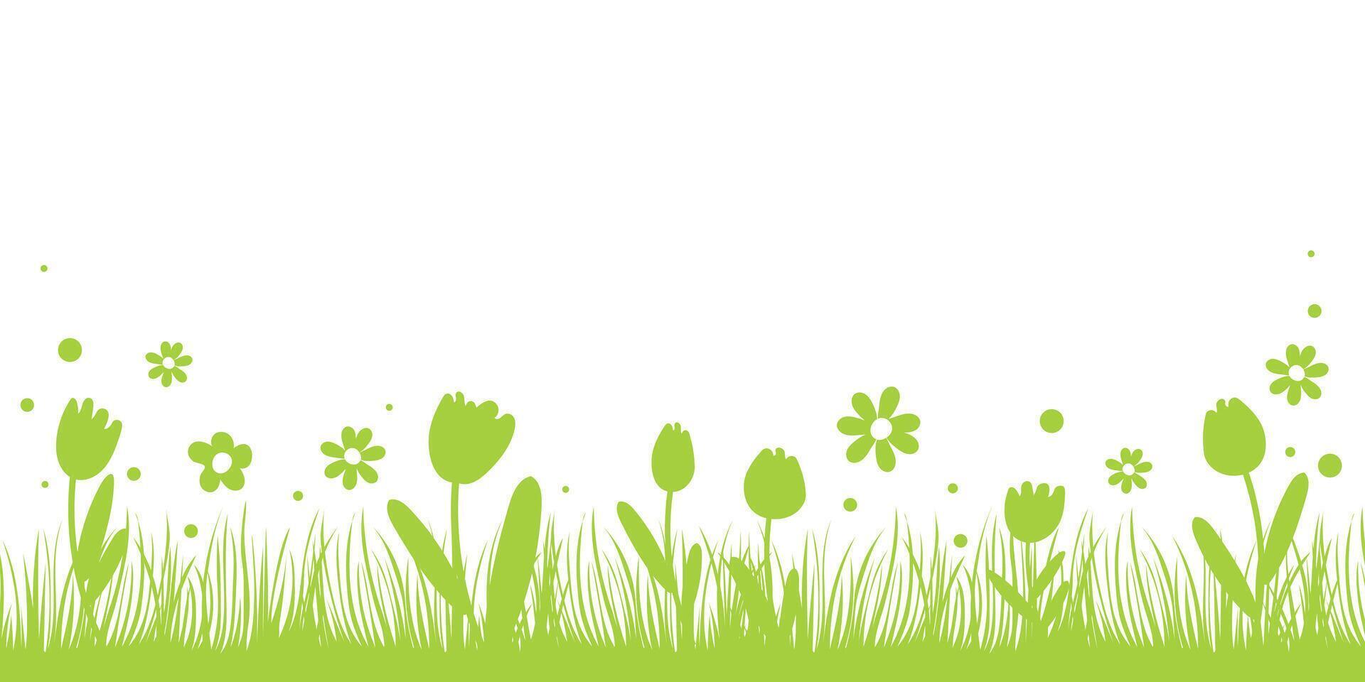 Green spring background with place for text. Vector illustration with grass and flowers.