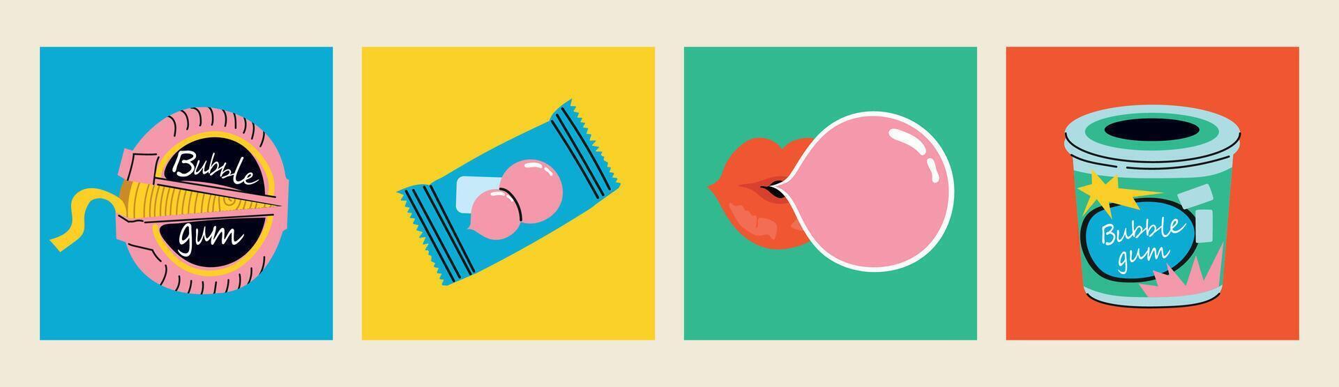 Bubble gum set. Set of four isolated Hand drawn modern vector illustrations.Various gum package set candies in roll, balls, pillows, sticks. Lips with pop ballon.