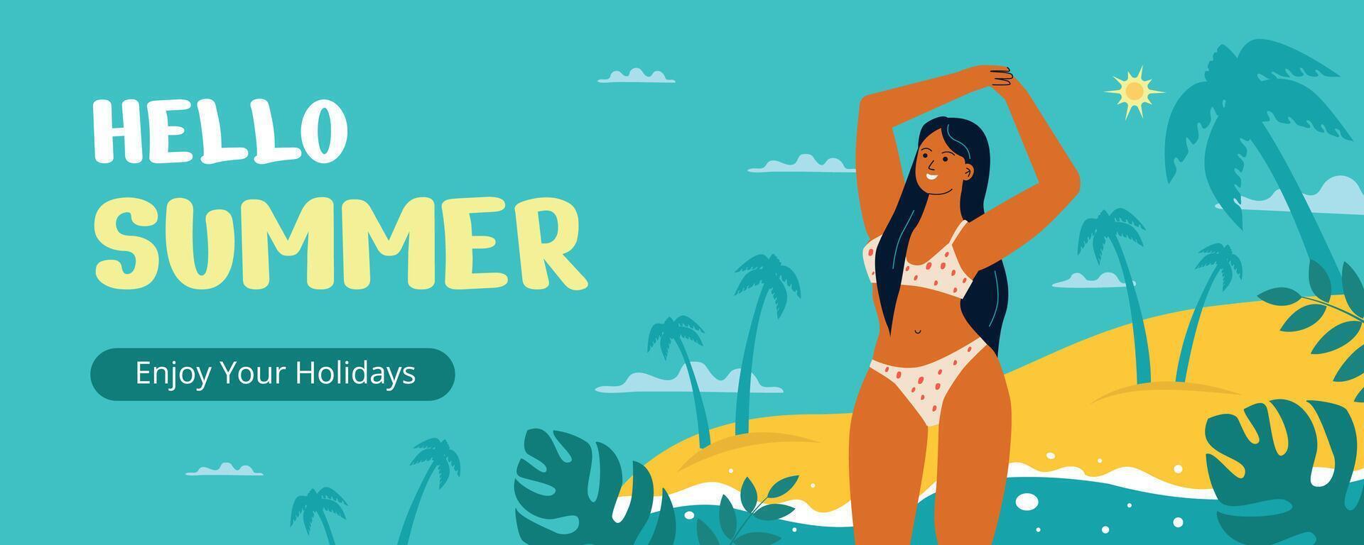 A banner template for a summer seaside holiday with the figure of a beautiful woman on the beach. vector