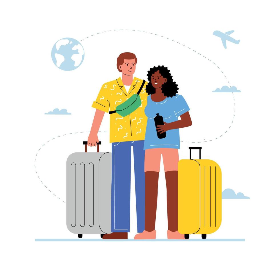 A hugging multiethnic couple at the airport, a man and a woman with suitcases waiting for departure. vector
