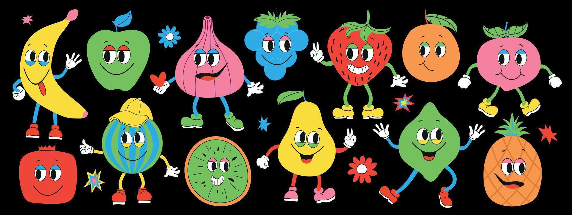 Groovy fruits set. Fruit retro cartoon characters on a dark background.Hand draw Funny Retro vintage trendy style fruits cartoon character.Groovy summer vector illustration. Fruits juicy sticker pack.