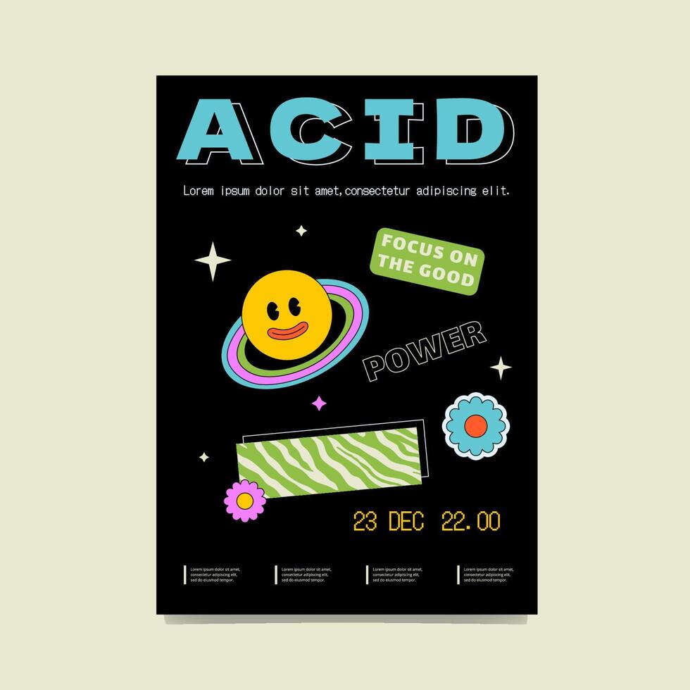 A bright rave poster with a smiling old cartoon planet, inscriptions, colors and textures. Abstract festival print. vector
