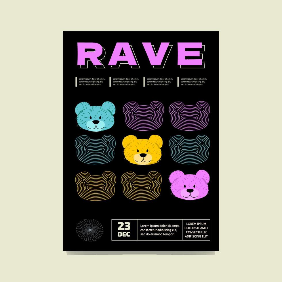 A colourful rave poster with acid bear faces and their contours and text. Abstract festival artwork. vector