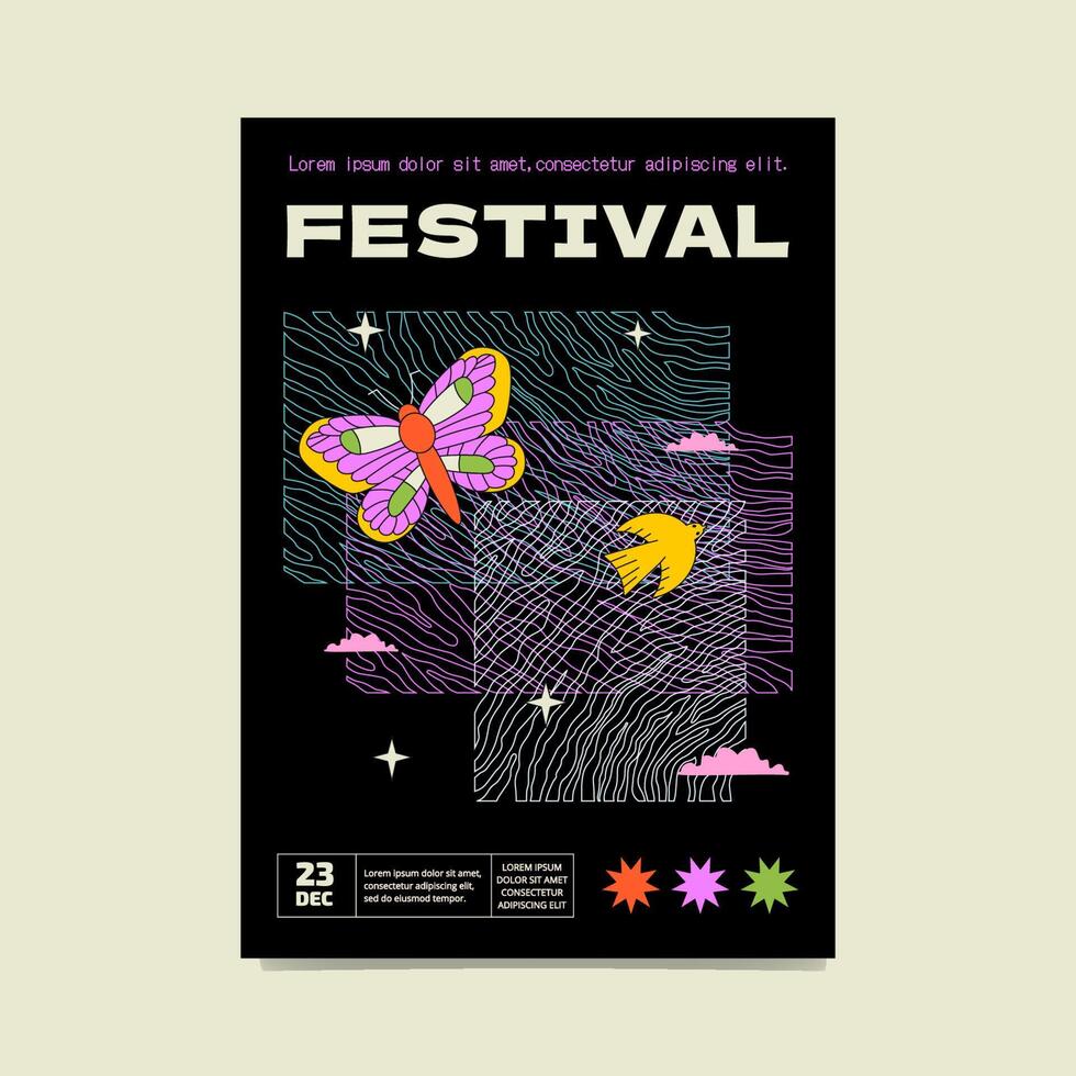 Surreal black poster with colourful butterfly, bird, clouds and textural mess background. Fetsival artwork, vector flyer.