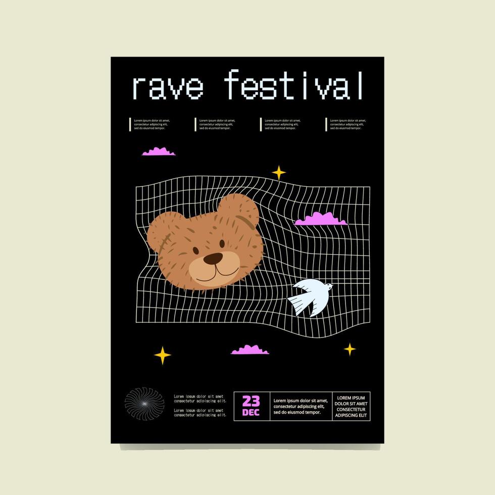 un vistoso delirio festival póster con osito de peluche rostro, nubes y malla antecedentes. resumen negro volantes. vector