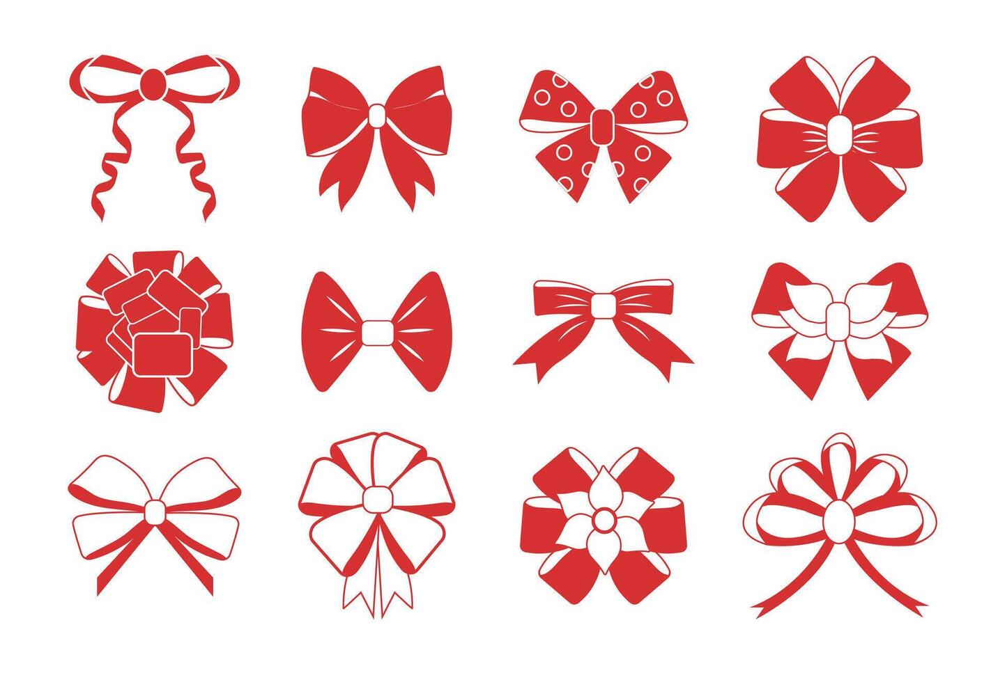Set of red gift bows with ribbons. Vector illustration.
