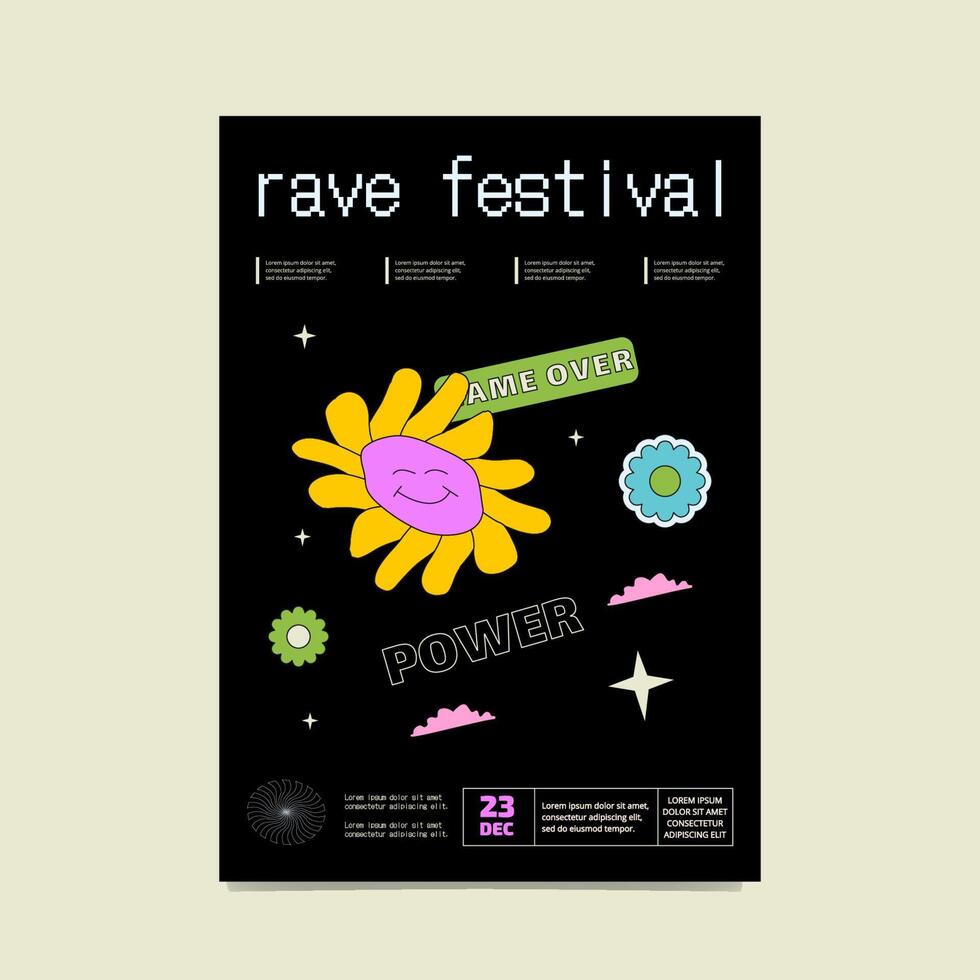 Black poster with colourful groovy daisy, clouds and inscriptions. Rave fetsival artwork, vector flyer.