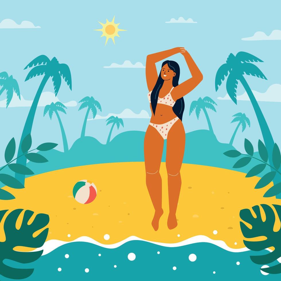 A beautiful young woman with tanned skin against the background of the beach, palm trees, the concept of summer holidays by the sea. vector