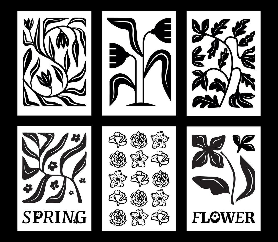 A set of black and white posters with foliage and flowers inspired by Matisse's work. Vector interior designs.