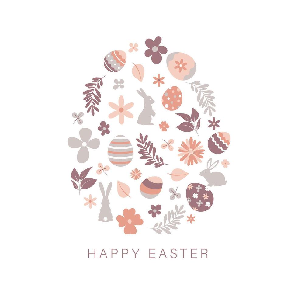 Happy Easter, decorated modern style card, banner. Patterned egg with bunnies and flowers. Minimalist design vector