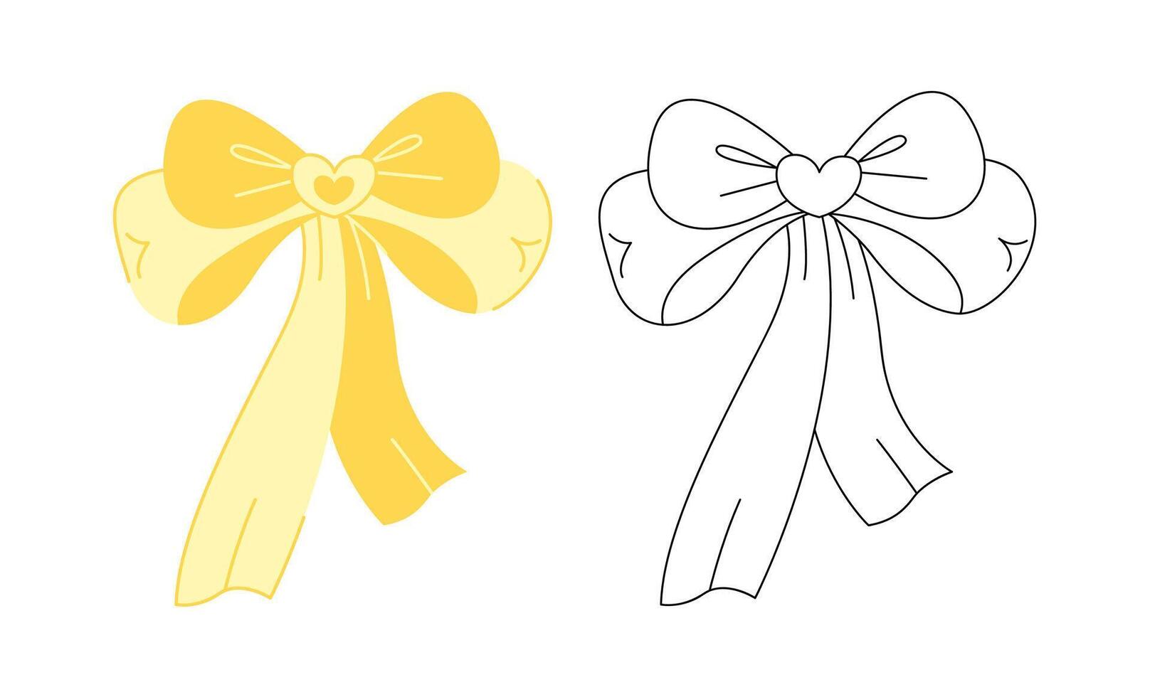 Two doodle hair bows with hearts. Colored, black and white vector illustration.