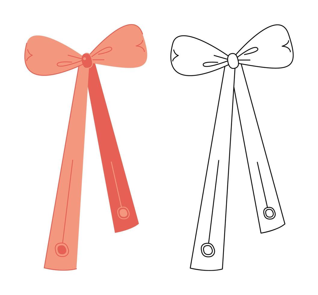 Two doodle hair bows with circles. Colored, black and white vector illustration.