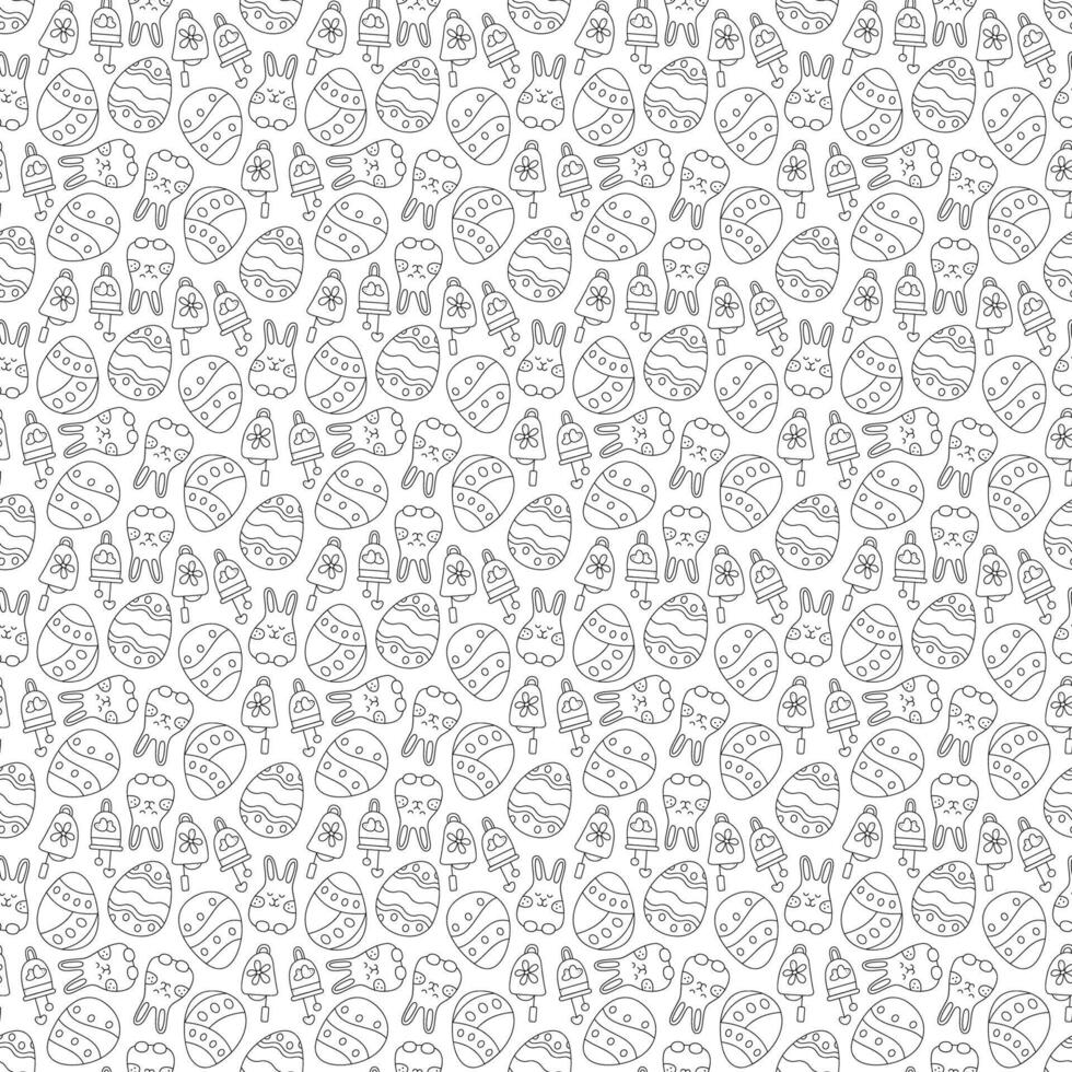 Seamless pattern with Easter eggs, funny Easter bunnies and bells. Doodle vector illustration.