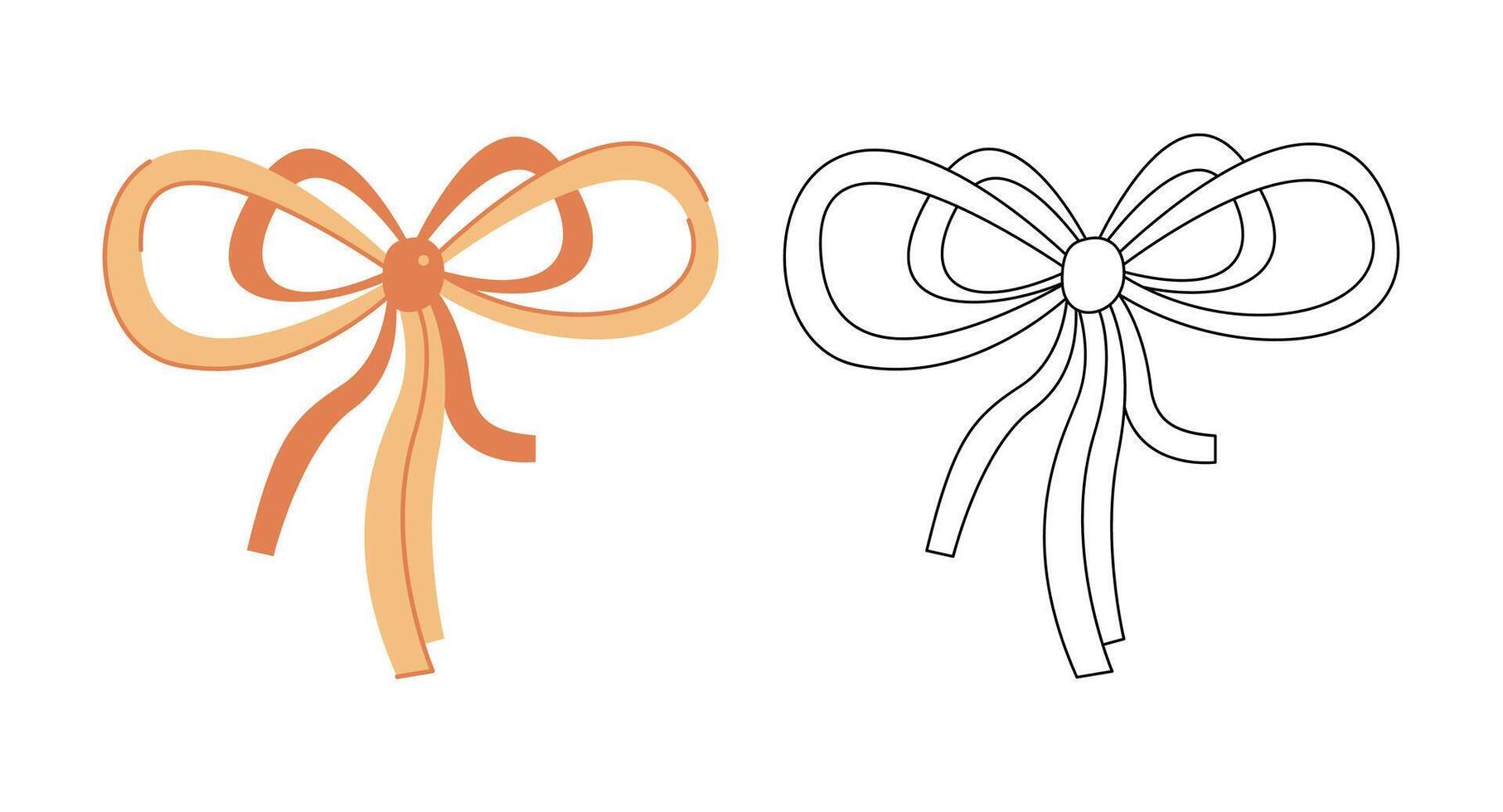 Two doodle hair bows. Colored, black and white vector illustration.