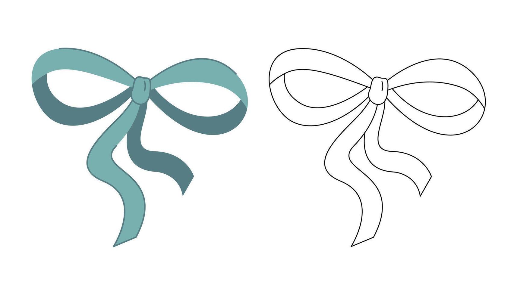 Two hair bows. Colored, black and white doodle vector illustration.