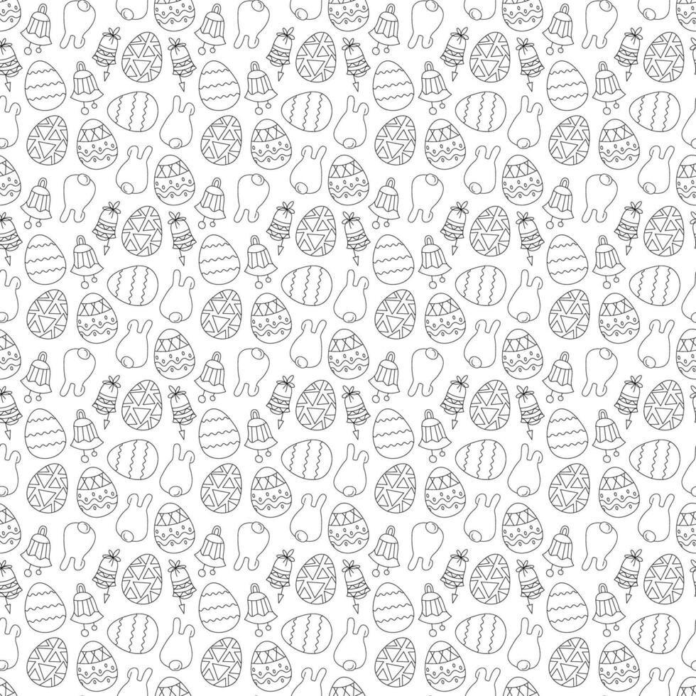 Seamless pattern with Easter eggs, Easter bunnies and bells. Doodle vector illustration.