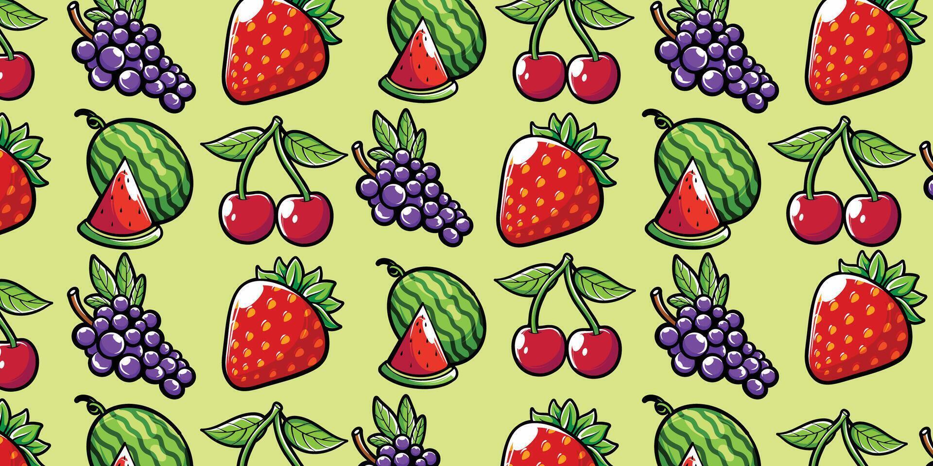 Vector grapes, watermelon, strawberry, cherry fruit set seamless pattern background