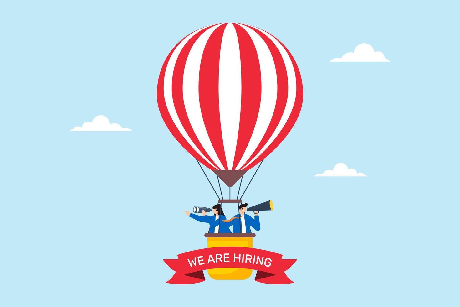 Business people in hot air balloons searching for new candidate employees, illustrating hiring and recruitment hr human resources. Concept of career searches, job vacancies, and work opportunities vector