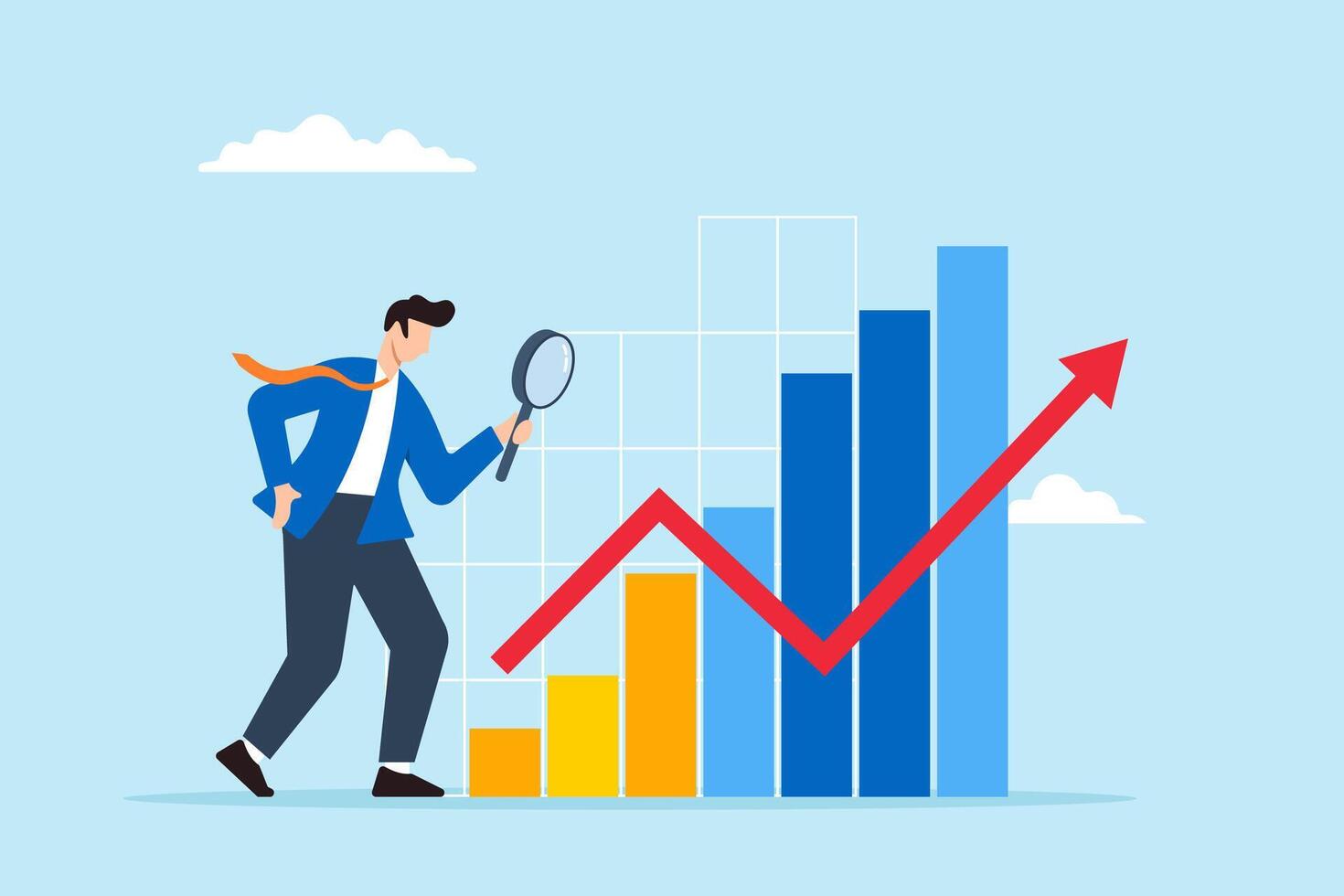 Businessman analyzes graph using magnifying glass, illustrating transparency in company operations. Concept of business analysis or reporting, and gathering information or statistics vector