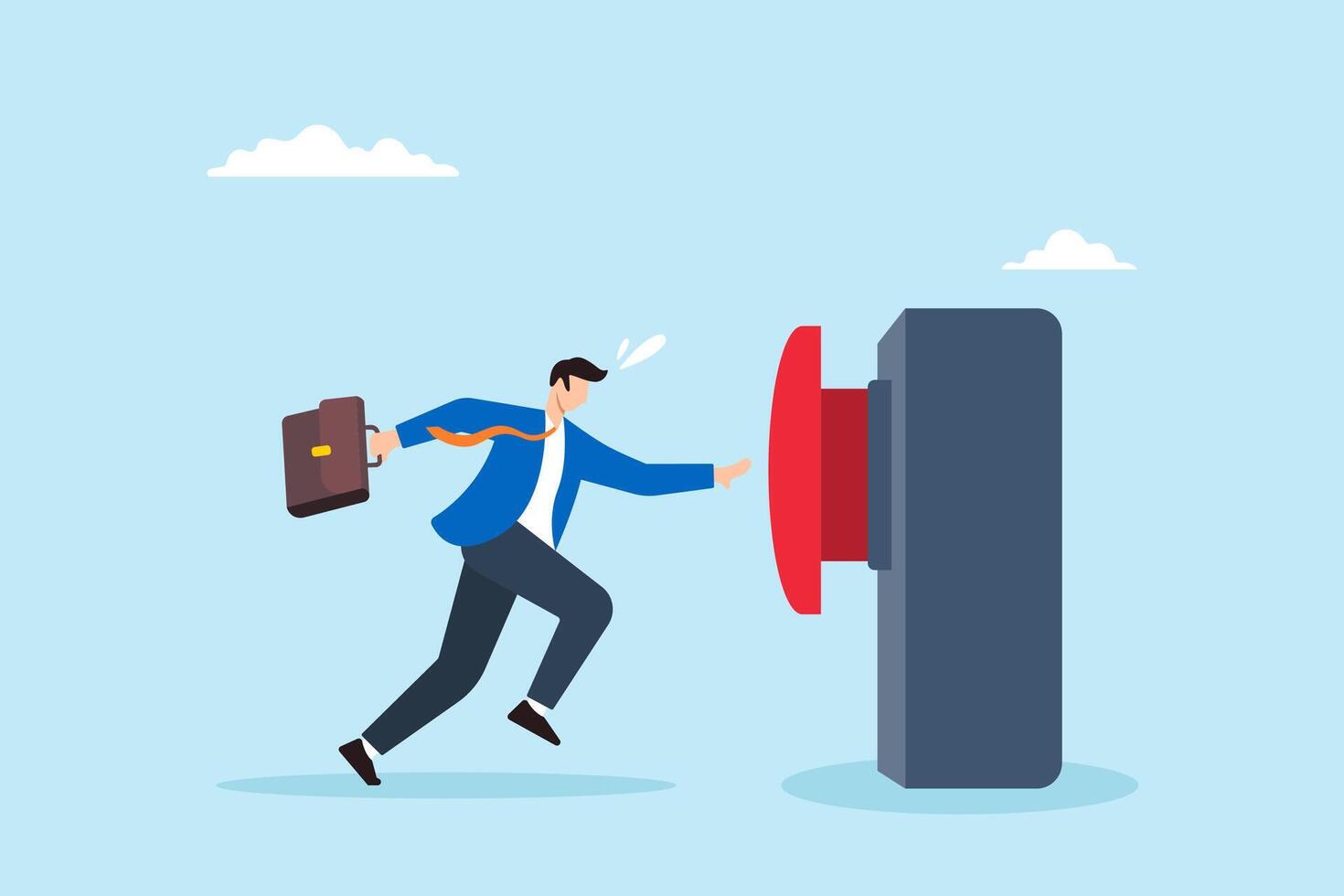 Businessman running to push red start button, illustrating entrepreneurship and initiation new business. Concept of startup project, seizing opportunities, making decisions, and motivation vector