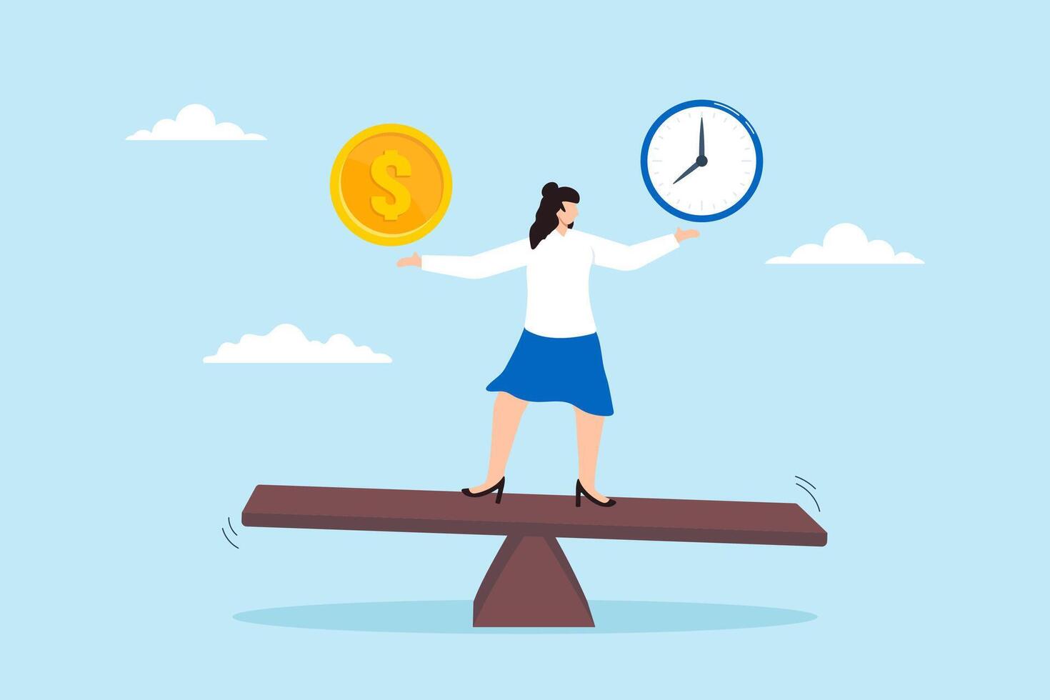 Businesswoman balances dollar coin and clock on seesaw, illustrating balancing time and money. Concept of equilibrium between work and life, long term investment or savings, control or make decision vector