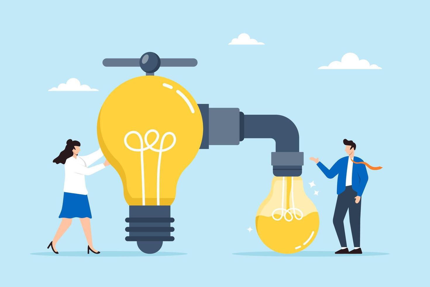 Businesspeople sharing knowledge transfer ideas, passing information to new light bulb. Concept of transferring wisdom to colleagues, creativity, innovation, and continuous learning of new skills vector