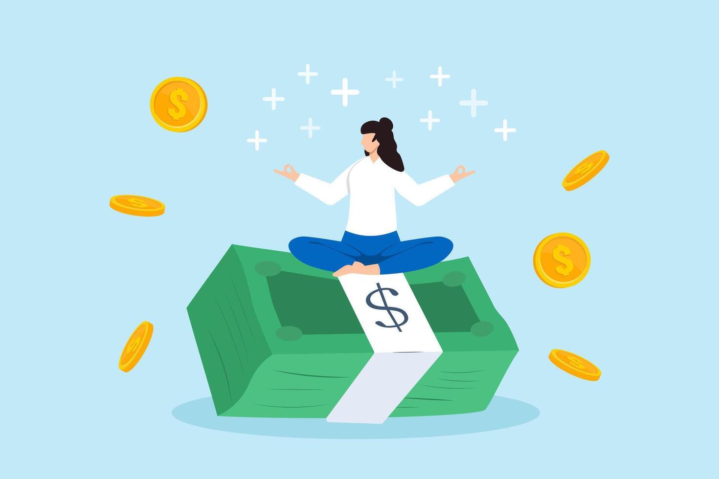 Woman relaxing and meditating on pile of money banknotes while coins rain down. Concept of financial wellbeing, effective money management, savings, investment, and accumulating wealth vector