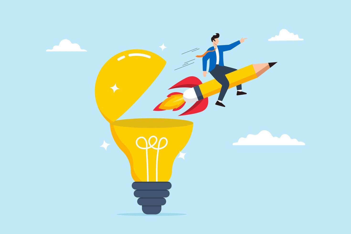 Man rides pencil rocket from open light bulb, illustrating creativity for generating new ideas. Concept of imagination, inspiration, education, and boosting creative thinking to writing content vector
