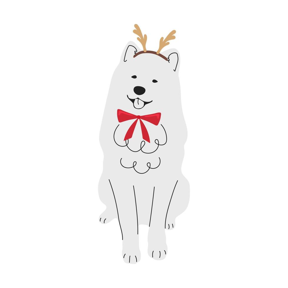 Christmas samoyed in hand drawn style. Merry Christmas illustration of cute pet with accessory.  Flat vector illustration isolated on white background