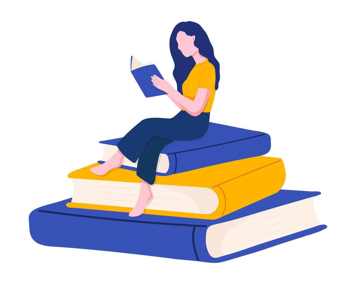 A woman reads a book while sitting on a pile of huge books. Modern vector flat illustration.